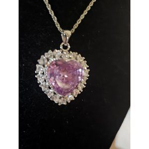 LARGE PINK HEART CRYSTAL PENDENT NECKLACE Rhinestones 11 in Silvertone Chain